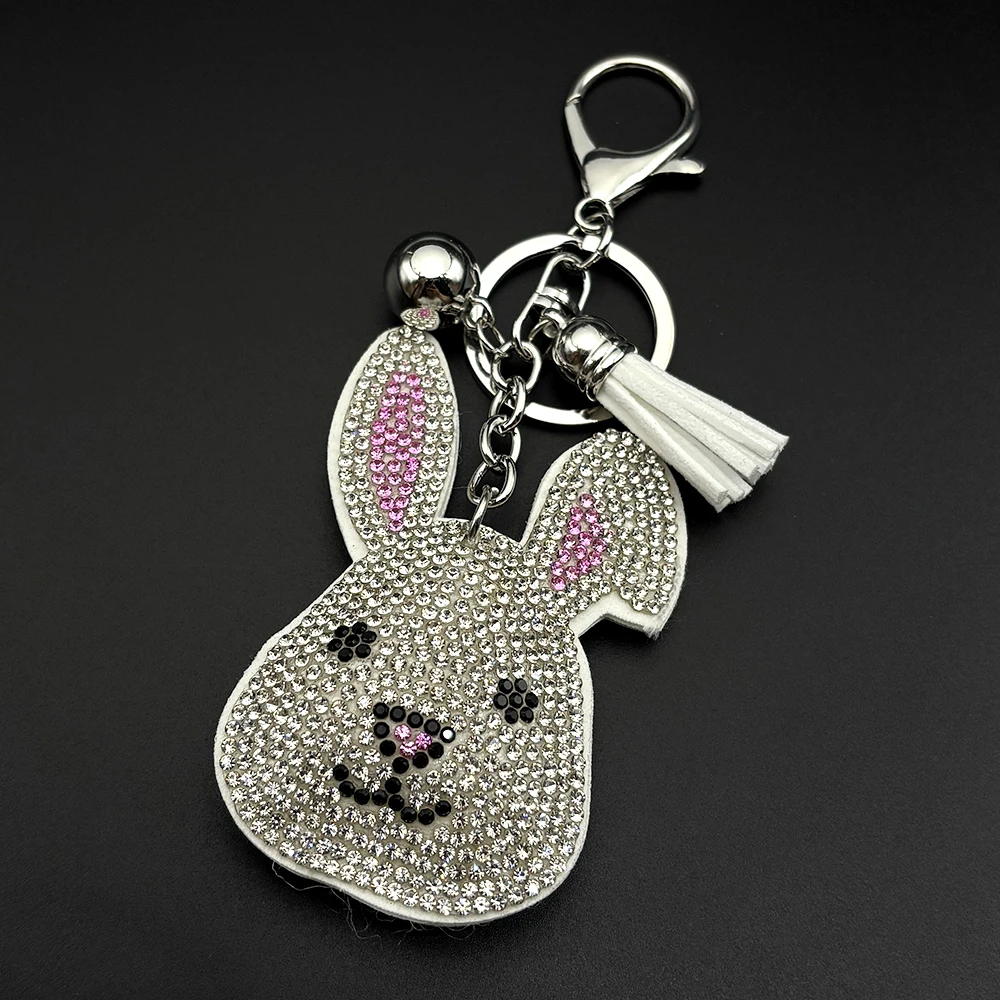 Kleiner weißer Hase, schöner Schlüsselanhänger für Damen und Herren, voller Kristallquasten, für Kinder, Rucksack, hängender Schlüsselanhänger, Schmuckzubehör – Detail 4