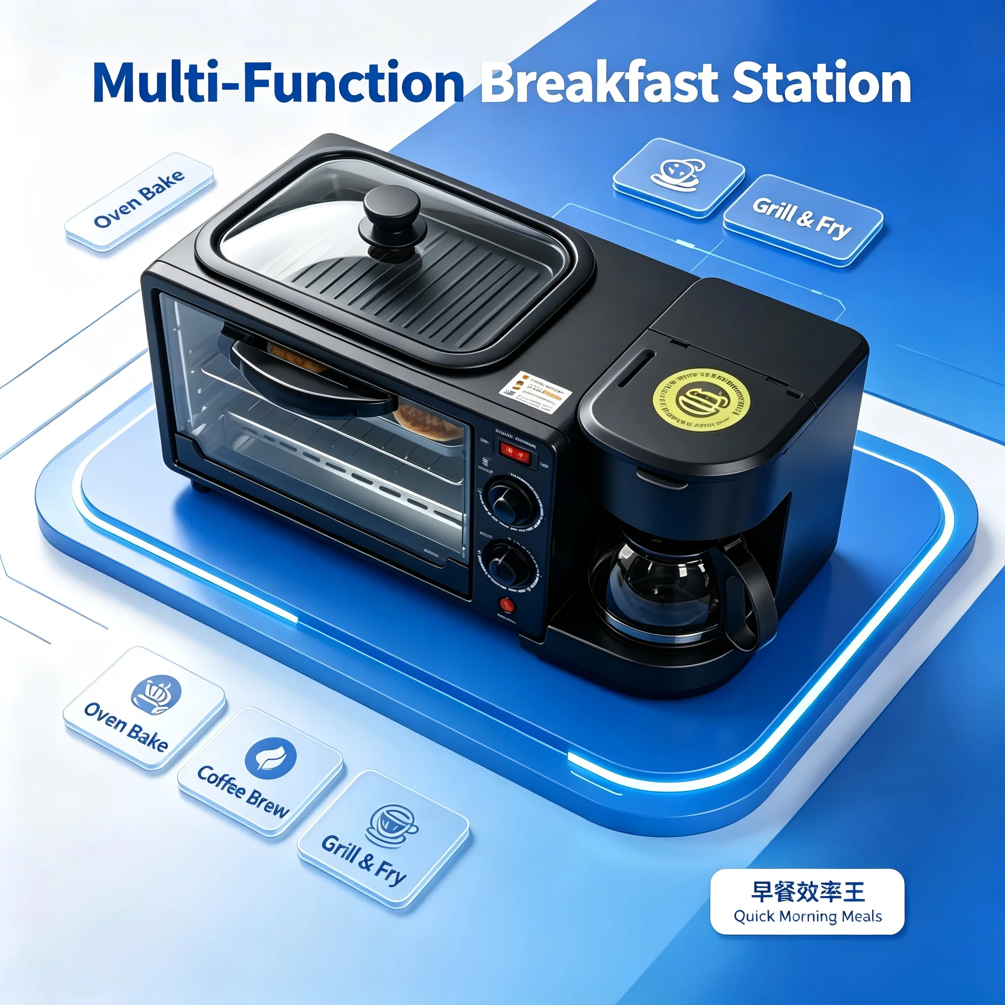 Multifunctional 3-in-1 breakfast maker, sandwich bread oven, coffee maker, baking tray
