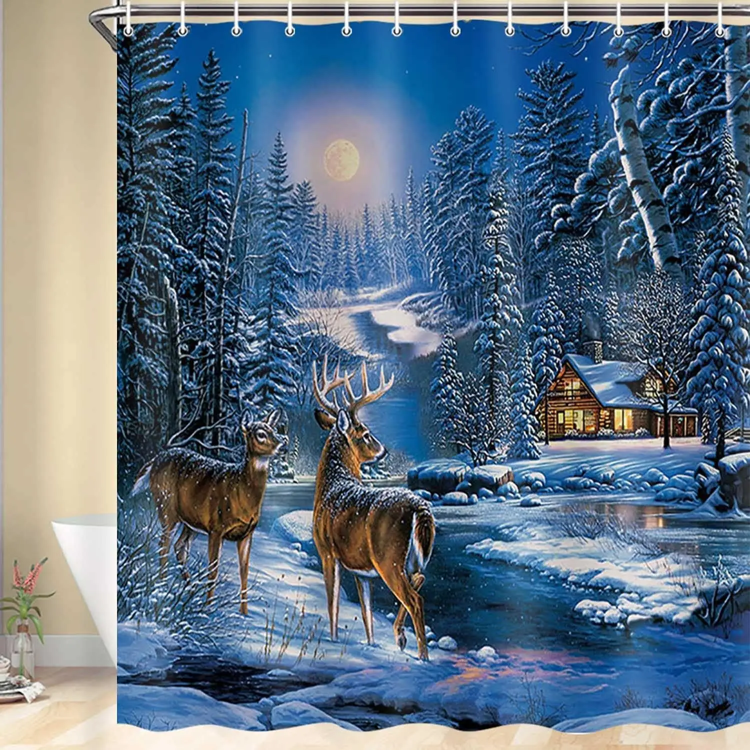 Winter Christmas Shower Curtain Xmas Reindeer Nature Forest Snowy Scenery Farmhouse Bath Curtain Polyester Fabric Bathroom Decor