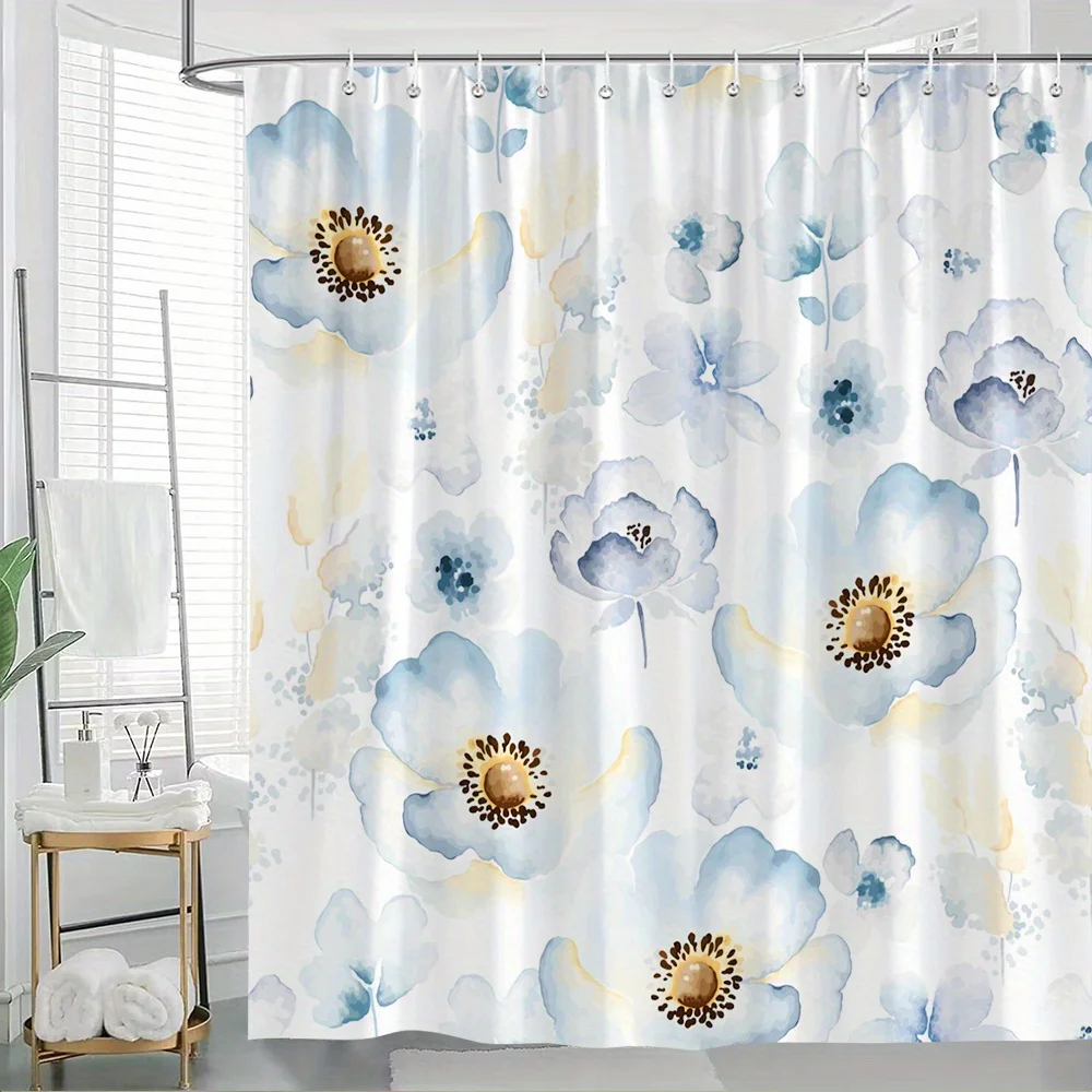 

1 шт. мягкая сине-белая пионная акварельная цветочная занавеска для душа, полиэфирная ткань, с крючком, подходит для украшения ванной комнаты