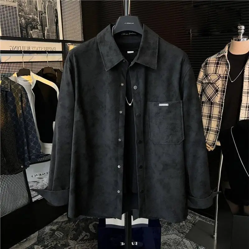 

Men's Suede irt Casual Loose Long Sve Outerwear Spring Autumn Faionable Matte Leather Personali Match All Seasons