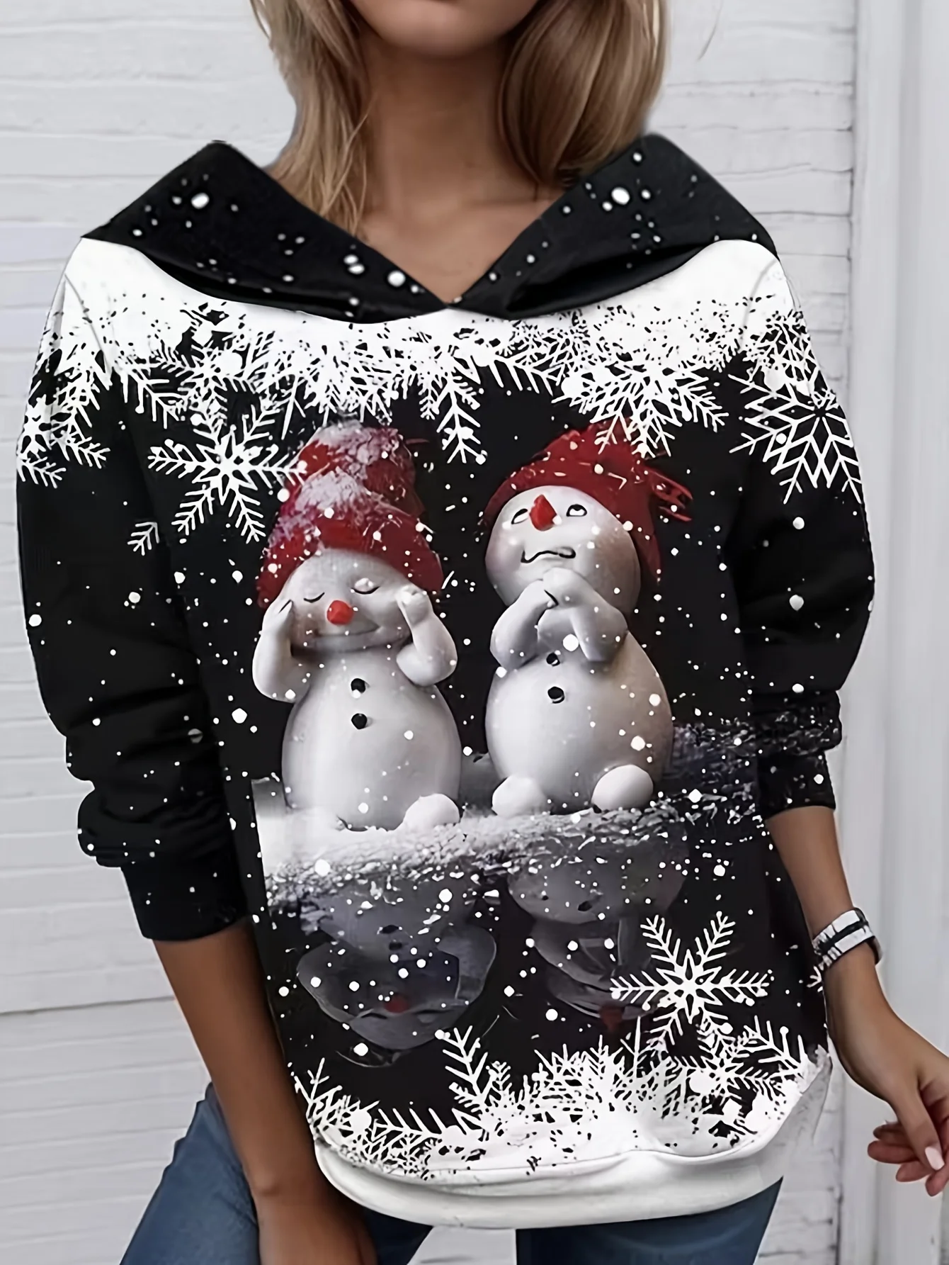 

Autumn Winter Retro Women's Hooded Christmas Snowman Pattern Streetswear Polyester Knit Fabric Top Casual Pullover Women Clothes