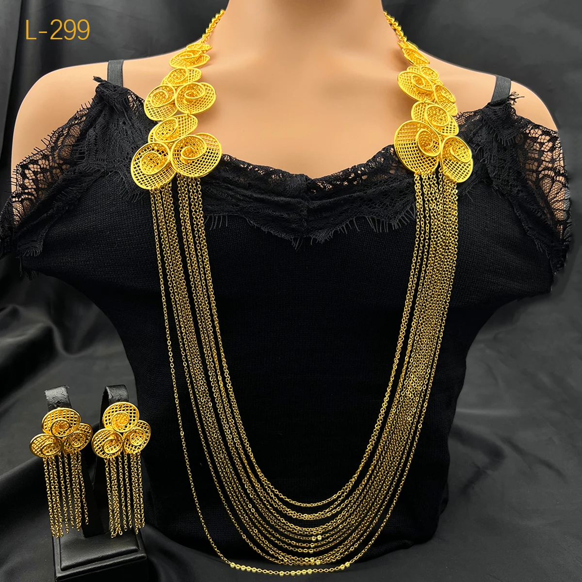 ANIID Ethiopian Tassel 24K Gold Color Necklace And Earrings Set For Lady Long Chain Necklace Luxury Jewelry Wedding Party Gifts