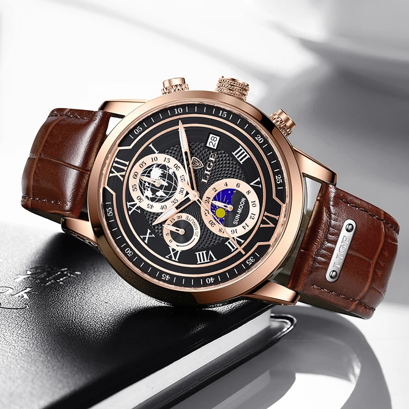 2023 New Mens Watches LIGE Top Brand Leather Chronograph Waterproof Sport Automatic Date Quartz Watch For Men Relogio Masculino