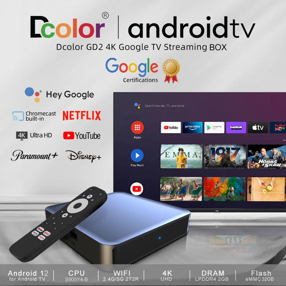 GD2 TV BOX Google Certified Chrome Cast 4K TV Android 12 2G+32G Amlogic S905Y4-B BT5.0 Dual Wifi VS GD1 Set Top Box