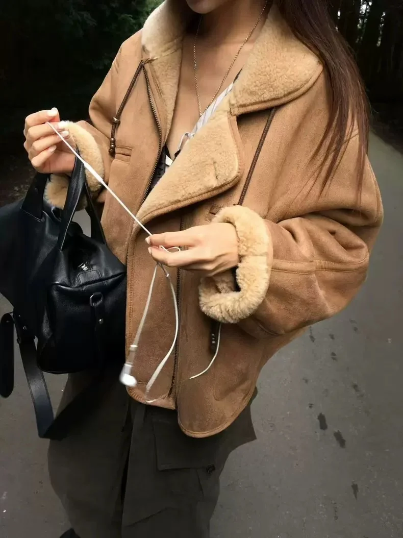 

Женская замшевая куртка из меха ягненка, свободная посадка с отложным воротником, теплая верхняя одежда в стиле ретро, повседневное пальто с застежкой-молнией