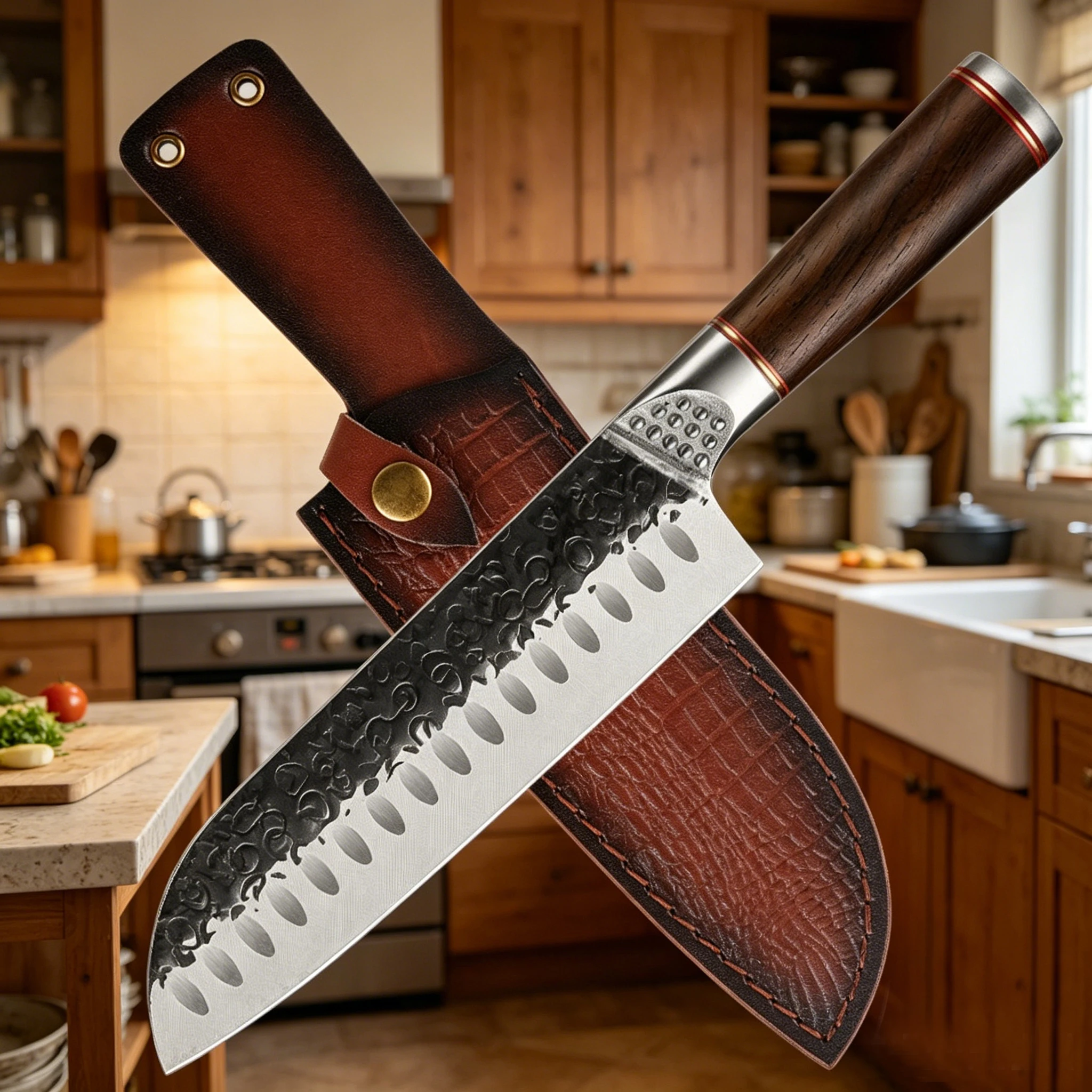 

RZD 7'' Forged Steel Santoku Knife for Slicing Meat Fruit Fish - Kitchen Hotel Cooking Knife with Sheath Protection