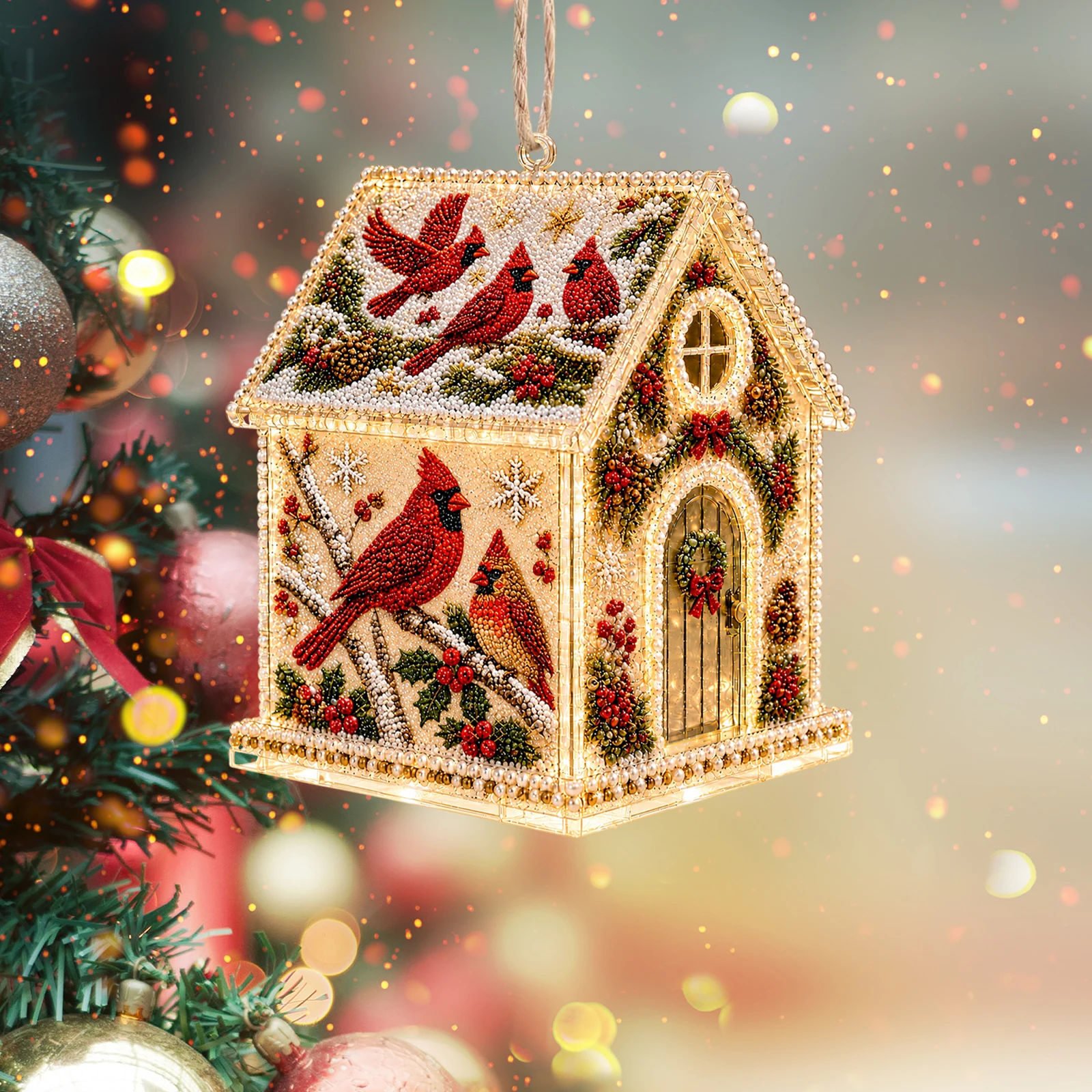 DIY Diamond Art Christmas Cottage Ornament Kit with Hanging Loops Acrylic House Rhinestone Painting Kit Handmade Art Craft Set