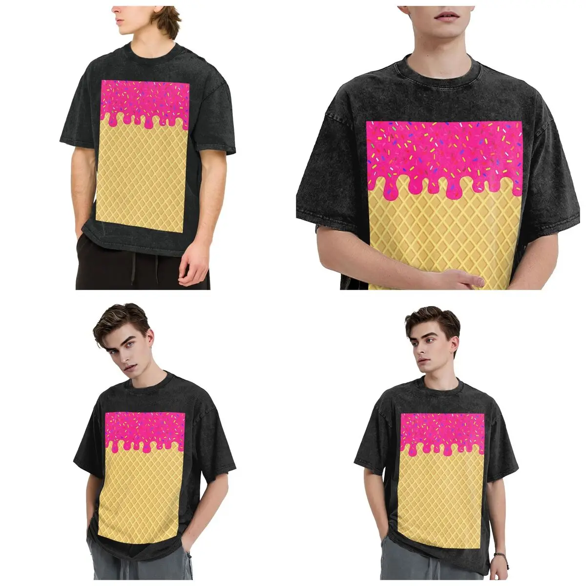 STRAWBERRY Ice Cream Waffle Cone Hip Hop Short Sleeve T-Shirts Washed Tops Tees Streetwear T Shirt Casual for Men Women