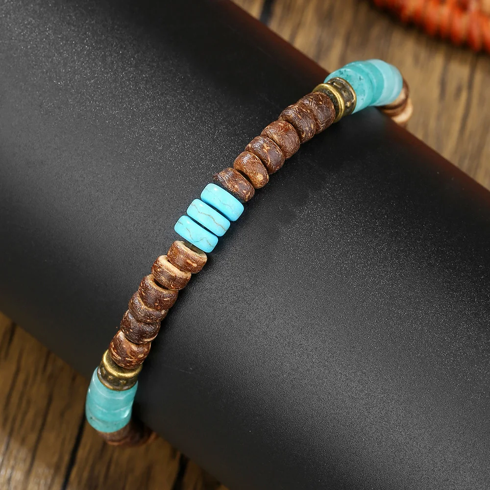Retro-Armband aus Kokosnuss- und Holzperlen, Bohemian-Stil, Imitation grüner Natursteine, Herrenarmband, modischer Damenschmuck und Accessoires – Detail 4