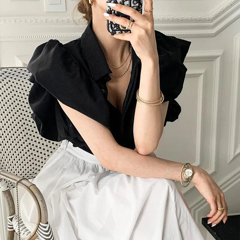 

2025 Y2K Women Chiffon Black Shirts Summer Fashion Elegant Puff Sleeve Tops Korean All Match Female Casual Blouse New