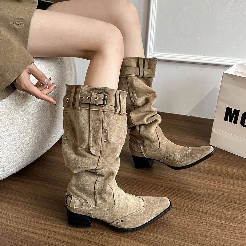 

Women's knee high boots 2026 new khaki suede pointed boots thick heel wrinkled pile boots
