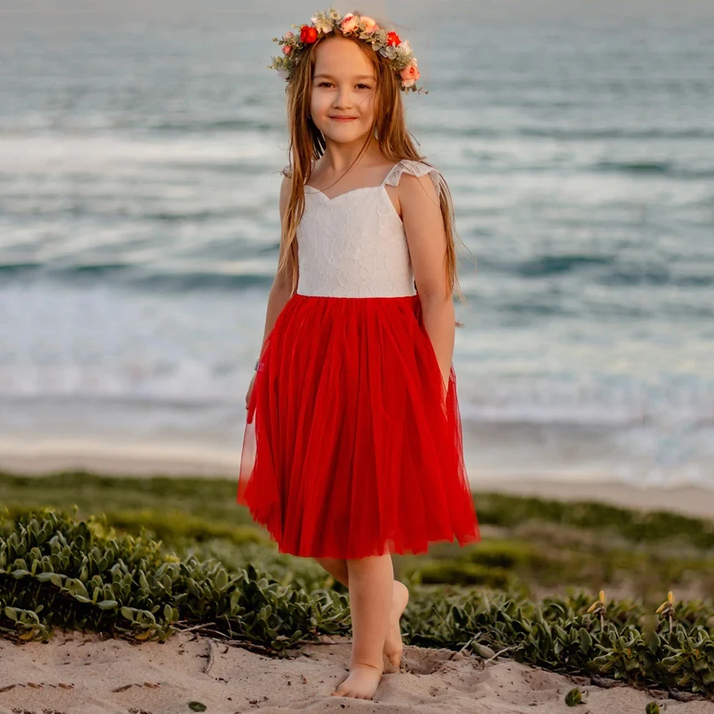 A-Line Tulle Flower Girl Dress Lace Appliques Butterfly Sleeve Birthday Party  Simple Knee-Length Beauty Pageant  Gown