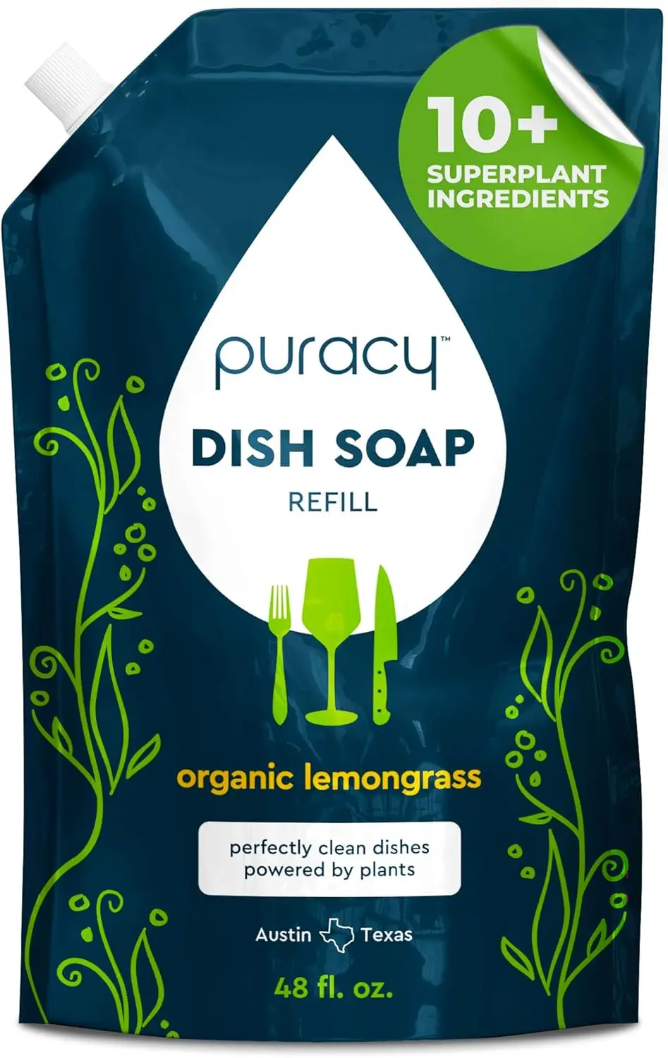 

Natural Plant-Based Dish Soap Refill - Skin-Softening, Clean-Rinsing Formula with Organic Lemongrass, 48 fl oz