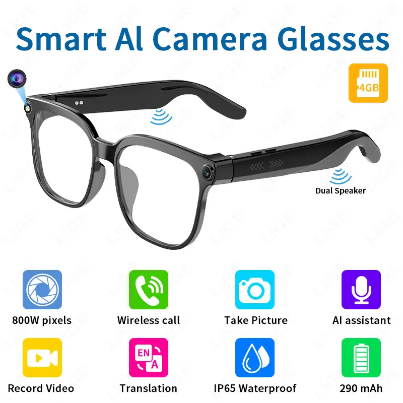 

New LIGE AI Smart Glasses 800W Camera WIFI+Bluetooth Intelligent voice recording Listen and Record Glasses For XIAOMI original