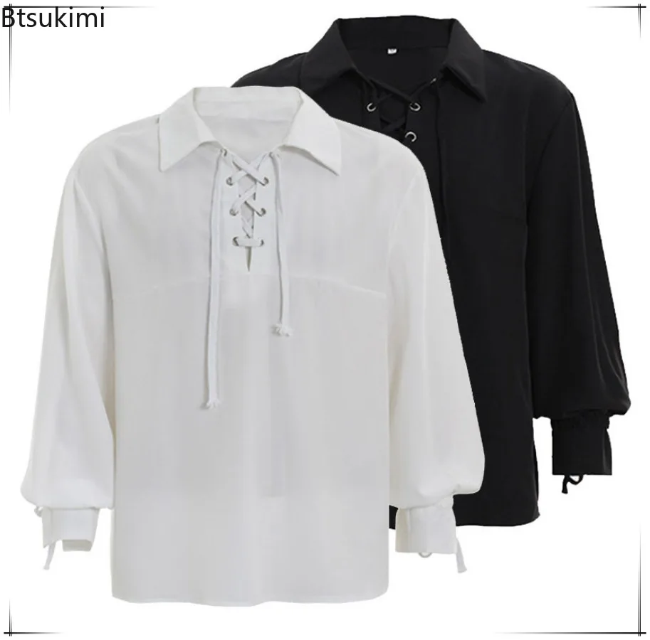 

Men's Medieval Lace Up Shirts Vintage Shirt Renaissance Grooms Lantern Sleeve Stage Costume Loose Casual Tops Pullover T-shirt