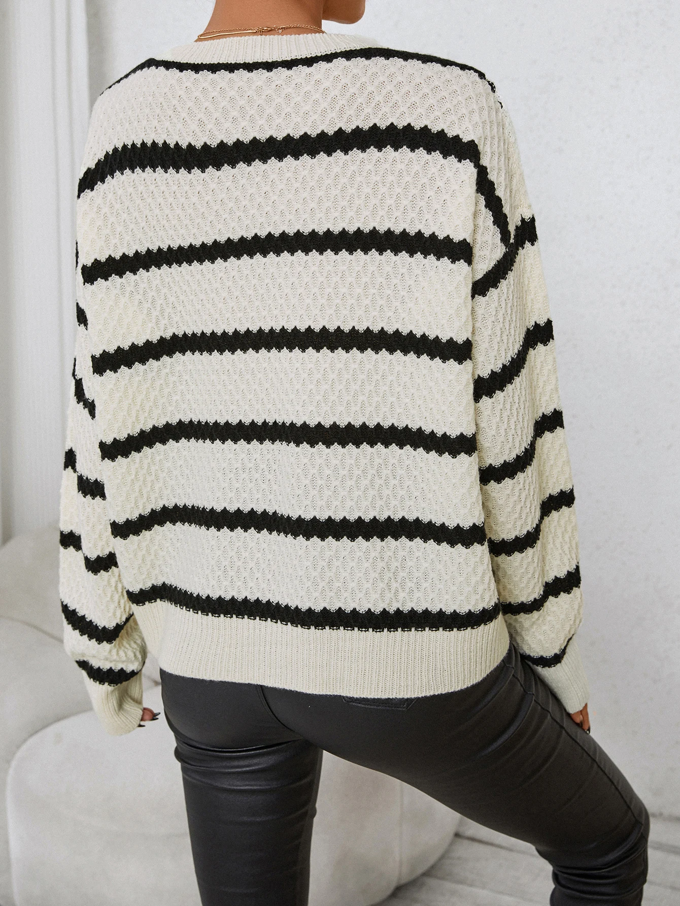 Autumn and winter female style languid lazy wind multi-color loose round neck stripe long-sleeved knit pullover sweater