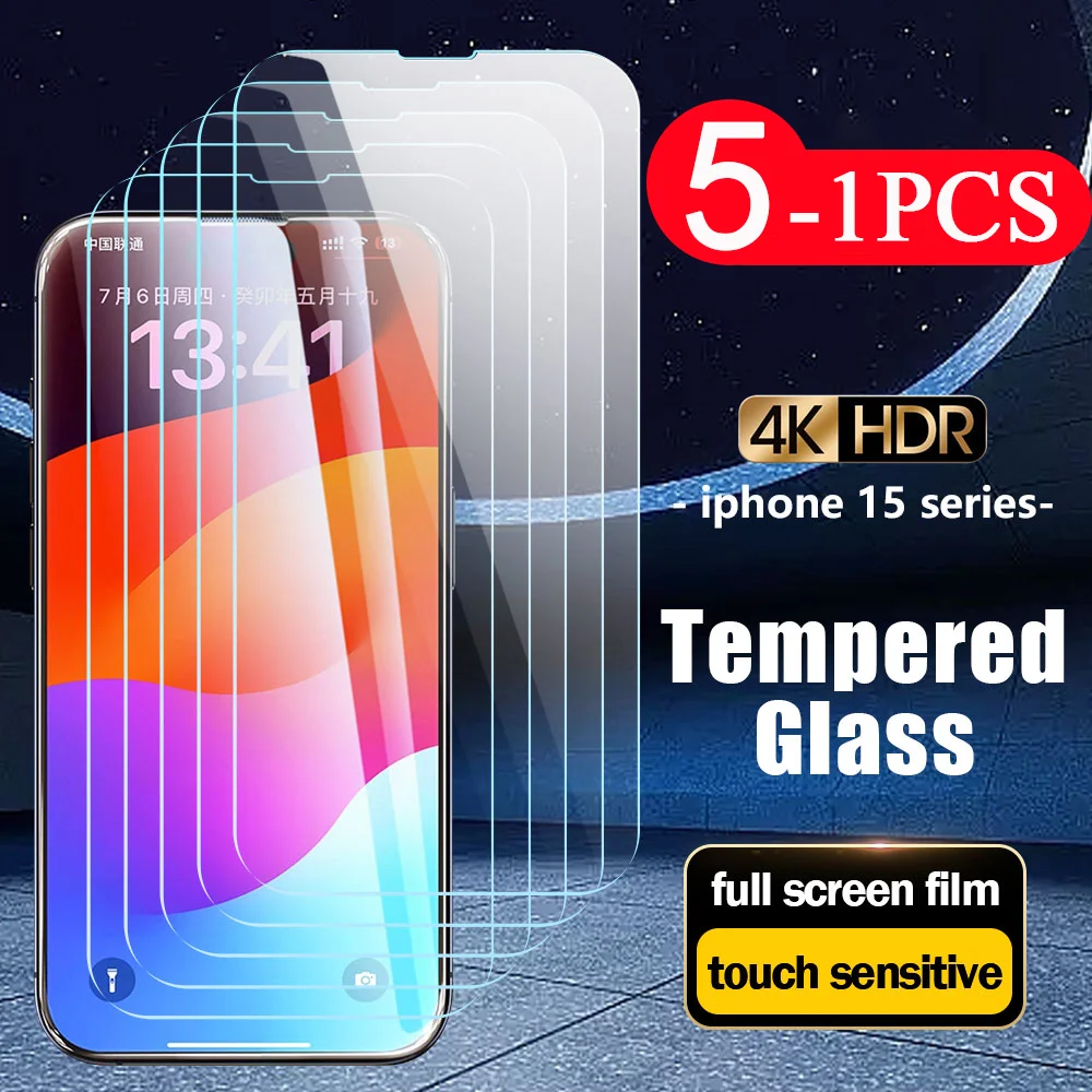 5/1Pcs tempered glass protective film for iphone 15 Pro Max 14 Plus Glass smartphone for iphone 13 Pro 12 Mini 11 XR XS Max X