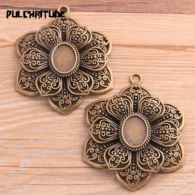 1pcs 13*18mm Inner Size Two Color Double Flower Plant Cabochon Base Setting Charms Pendant For DIY Jewelry Making