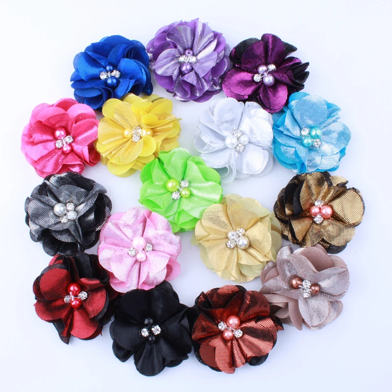 20PCS 5.5CM Fashion Ruffled Metallic Fabric Flowers With Pearls For Hair Clip Lovely Flora Flower For Shoes Apparel Headwear