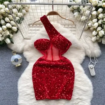 Image Women Dresses Chic Elegant Sleeveless Mesh Sequin Dress Vacation Party Diagonal Collar Dress Red Green Women Autumn Vestidos