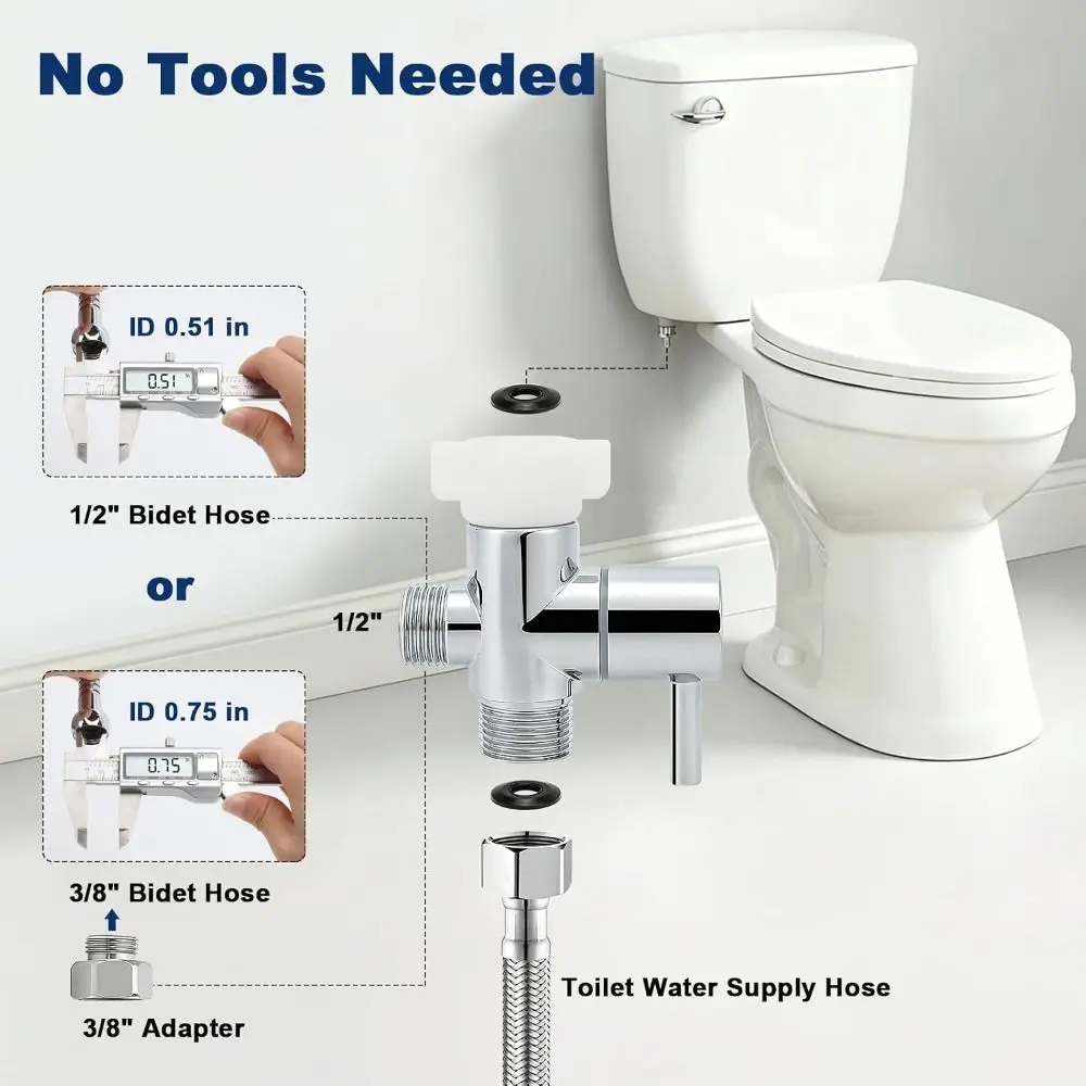Premium Solid Brass Bidet T Adapter Shut-off Valve Durable 3-Way T Valve Chrome Finish Brass T Adapter Handheld Toilet
