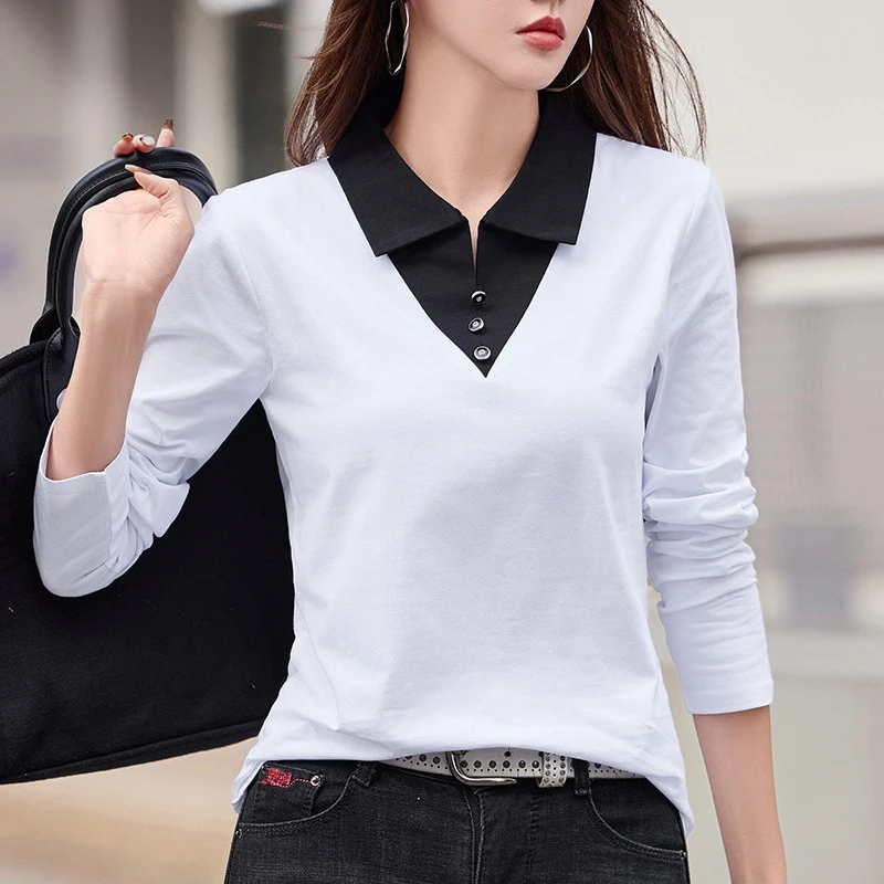 Spring Summer Women's 100% Cotton Polo Shirt Long Sleeve Loose Fit Color Blocked Casual T-Shirt Trendy Basic Wardrobe Essential