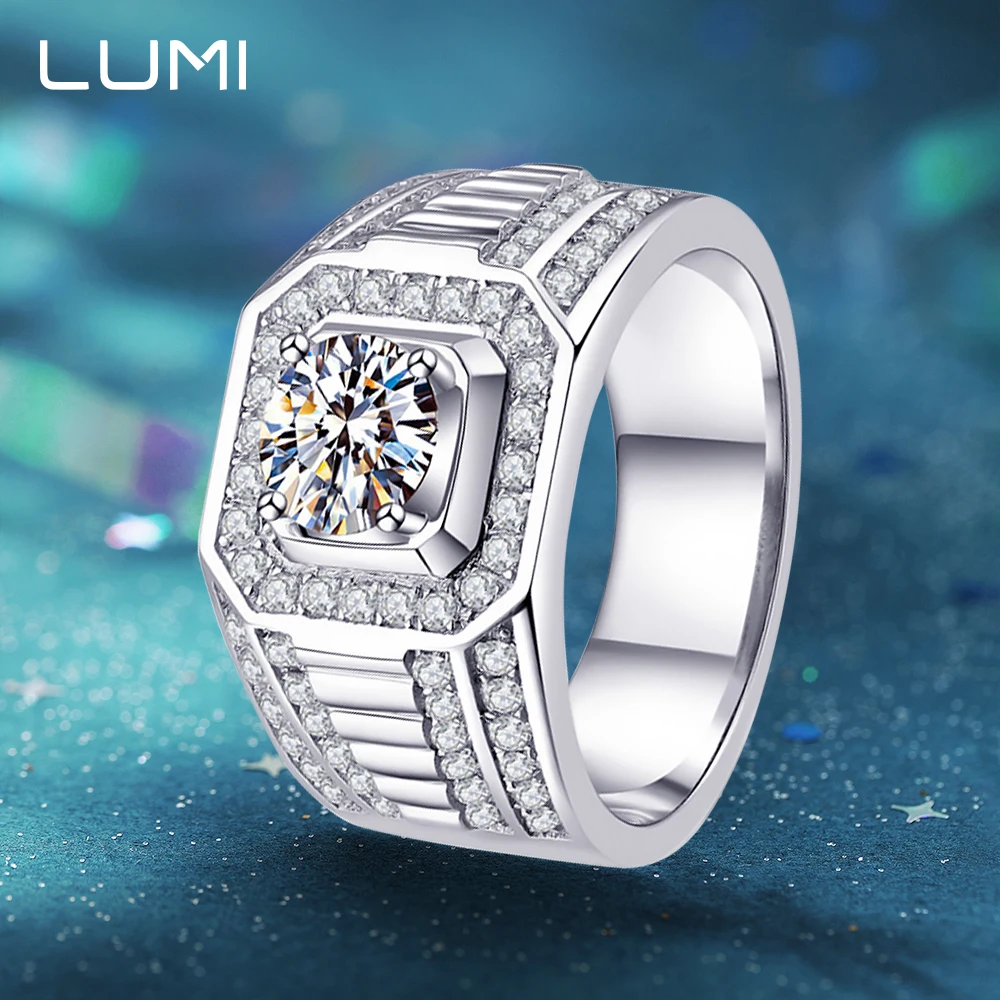 

LUMI 1 карат D-цвет, роскошное мужское кольцо из стерлингового серебра 925 пробы с муассанитом - обручальные кольца Eternity для него, юбилейные ювелирные украшения