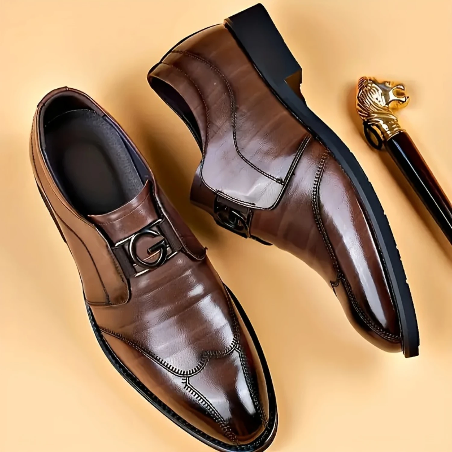 

Men's Solid Wing-tip Loafers With PU Leather Uppers, Wear-resistant Slip On Dress Shoes For Business Office Wedding Party