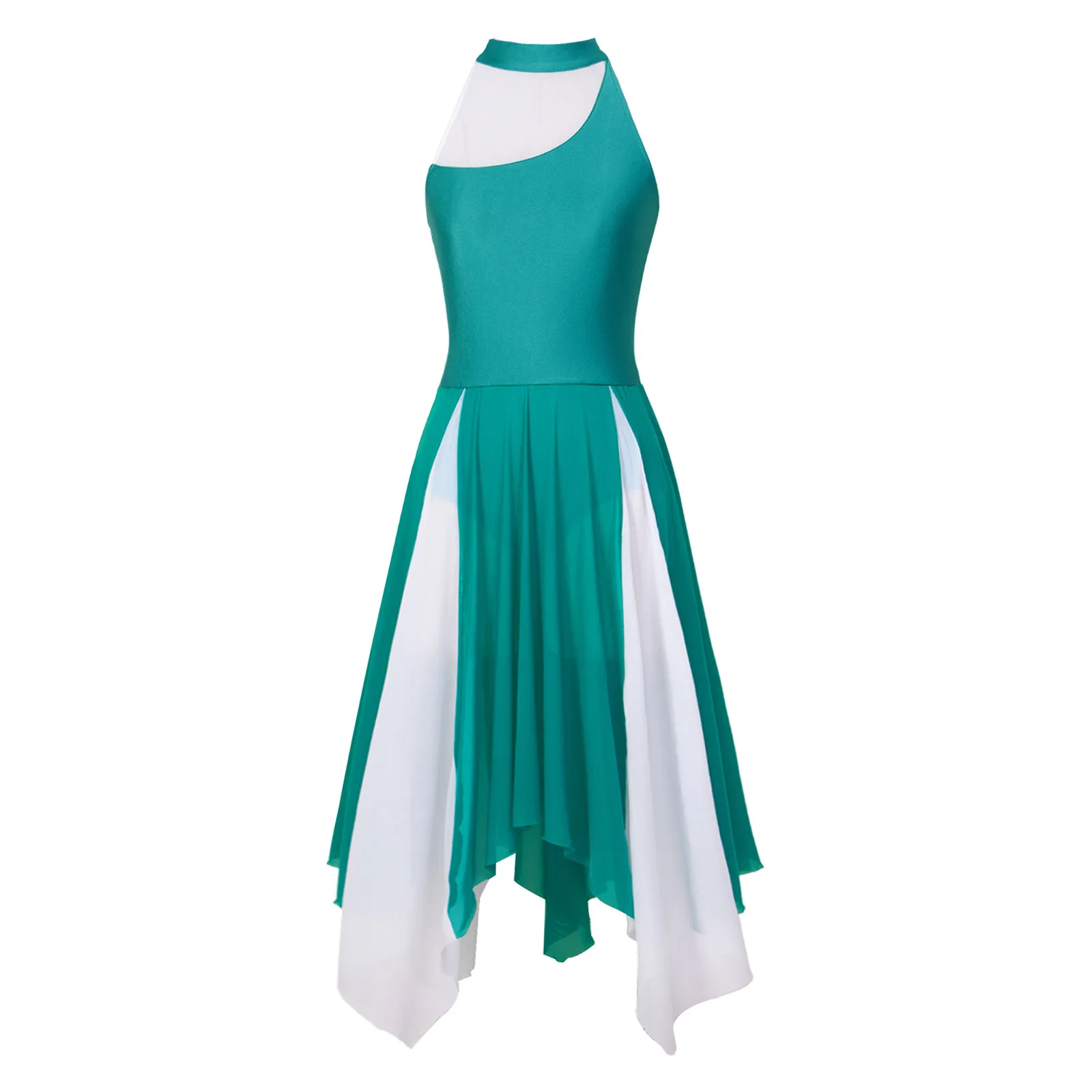 Vestido de baile de Ballet lírico con cuello Halter para mujer, traje de baile contemporáneo moderno con bloque de Color, vestido de tutú de malla transparente dividido, Ropa de baile