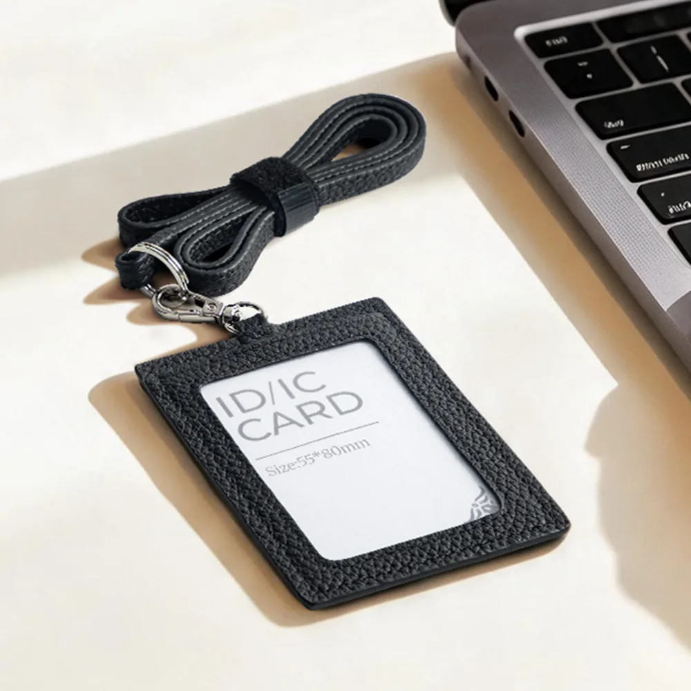 Men Women PU Leather ID Badge Holder with Lanyard Clear Window Vertical Card Case Office Work Pass Holder Pebble Grain Black