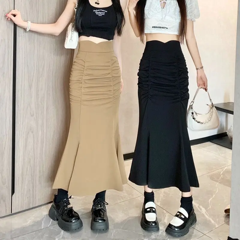 Elegant Bag Hip Mermaid Midi Skirts 2024 Spring Summer High Waist Slim Female Clothing Solid Color Split Stylish Shirring Skirts