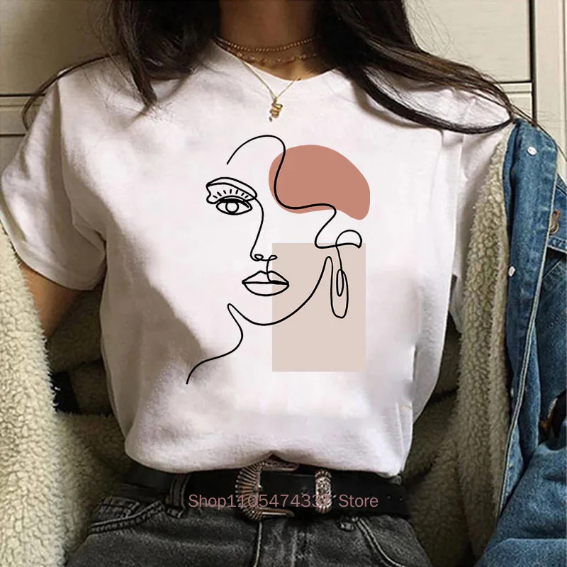 Women Circle Face Line with Color Block Print T-shirts Summer Casual Fashion Harajuku Loose Retro Tops O-Neck Short Sleeve Tees