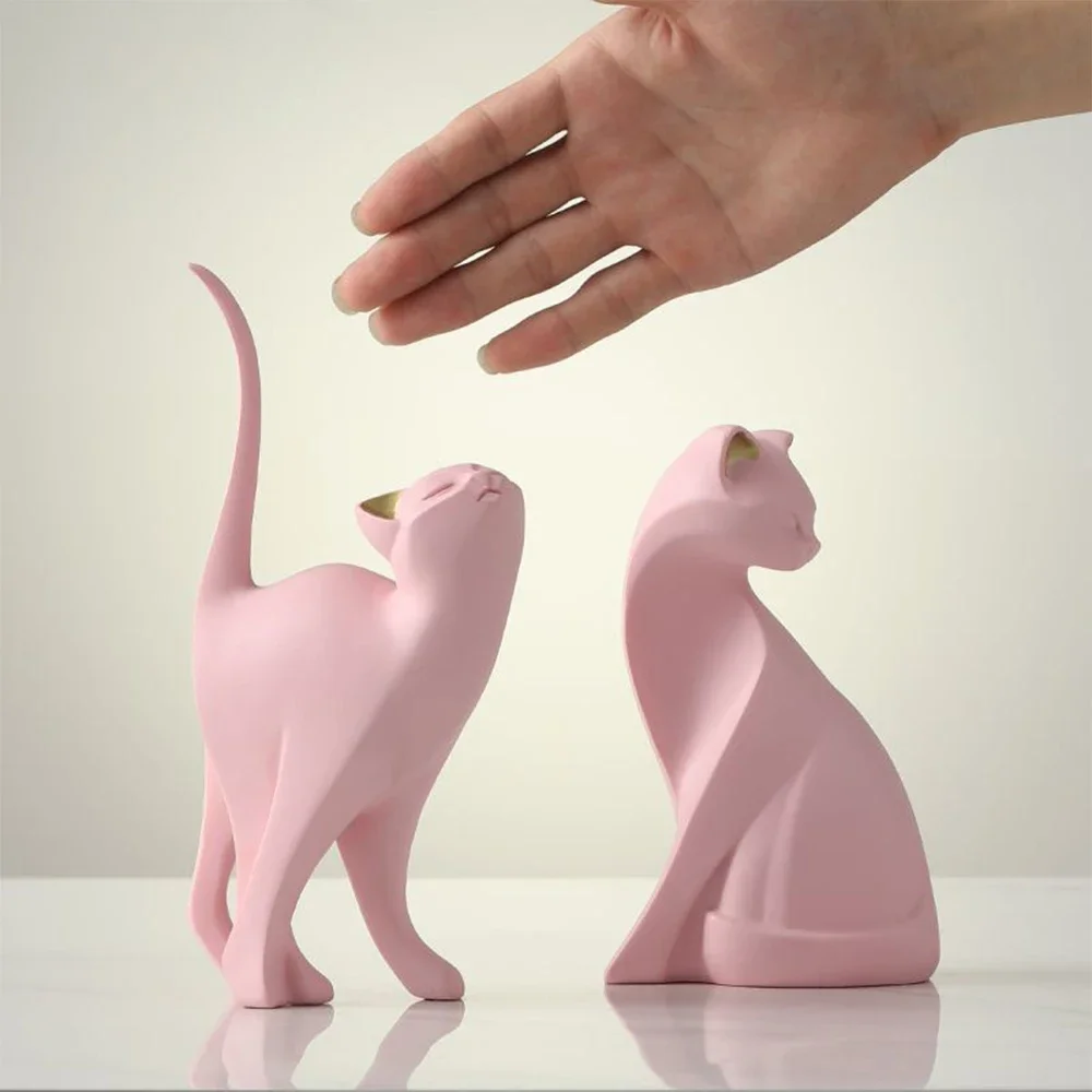 

Pink Cat Statue Geometric Sculpture Animal Statue Art Figurine Modern Cat Statue Resin Sculpture for Home Office Decorations