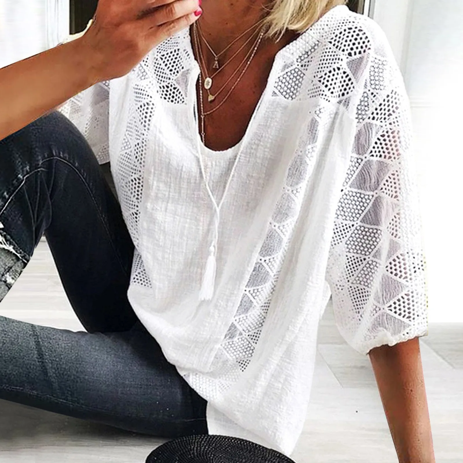 Women‘S Cotton Linen Tunic Tops V Neck 3/4 Sleeve Fashion Casual Loose Lace Plus Size Blouse Ladies Fashion Daily Clothing 2024