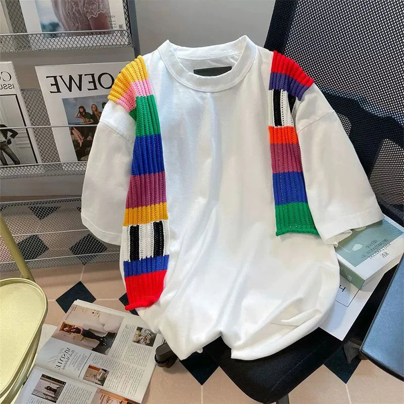 Colorful Striped Spliced Shawl Men Short Sleeve O Neck Sweatshirts Fashion Simple All-match Oversized Couple Clothing Tops White