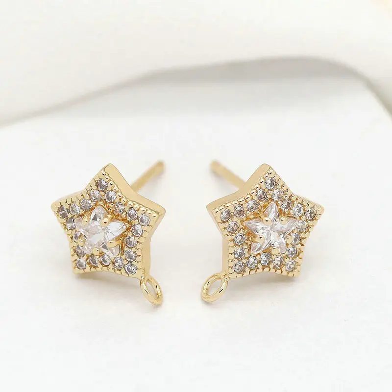 14K Gold  Plated Brass with Zircon Earrings Pins Cubic Zirconia Stud Jewelry Making Craft Findings with Loop DIY for women