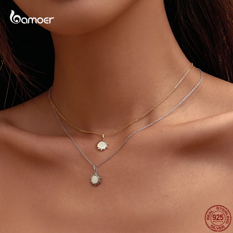 Bamoer 925 Sterling Silver Dazzling Sun Ladies Pendant Necklace Fine Opal Wedding Couple Confession Jewelry gift for Girl GXN399