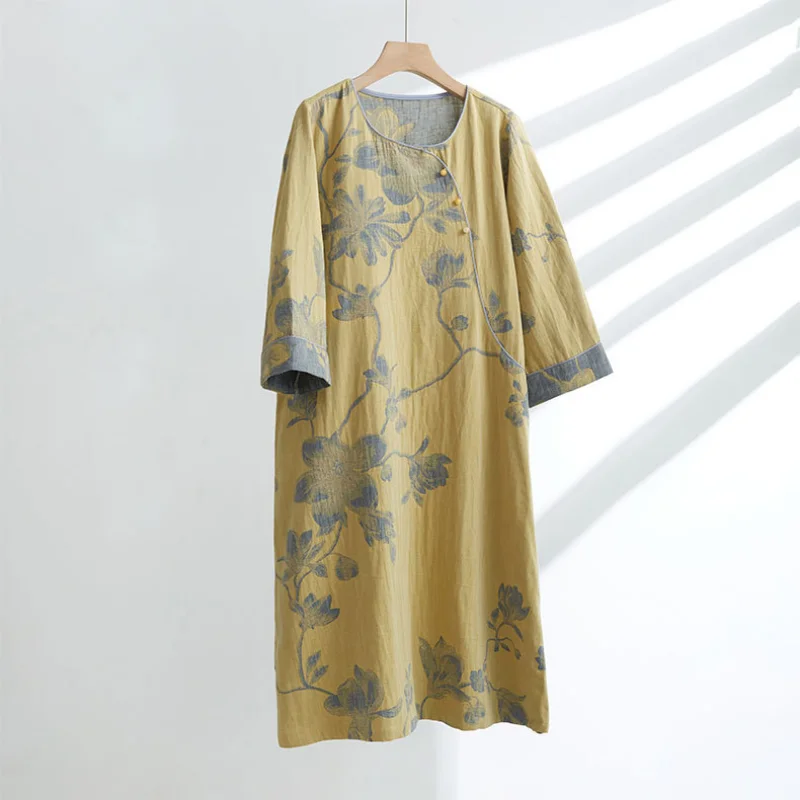 Autumn Cotton Dress Woman Chinese Ancient Style Oblique Front Long Sleeve Home Sleeping Sleepwear Gauze Jacquard Nightgowns