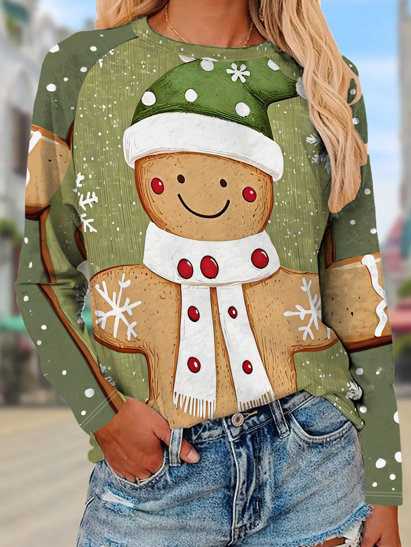 Women Long Sleeve T Shirt Christmas Gingerbread Man Print Autumn Fashion Casual Holiday Party Top Women's Clothes