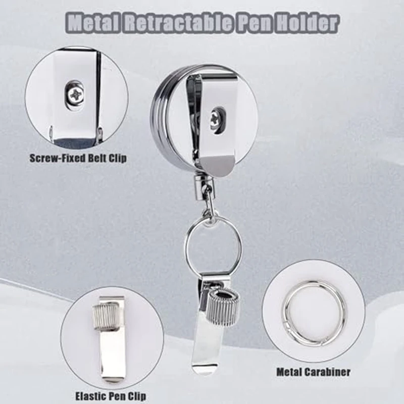 Retractable Pen Holder, Badge Reel Pen Clip Keychain With Belt Clip And Key Ring For Nurses Teachers Waitresses