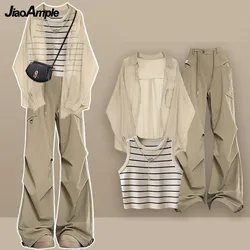 Women's Summer New Casual Matching Set 2024 Korean Elegant Loose Sunscreen Chiffon Shirt+Striped Vest+Cargo Pants 3 Piece Suit