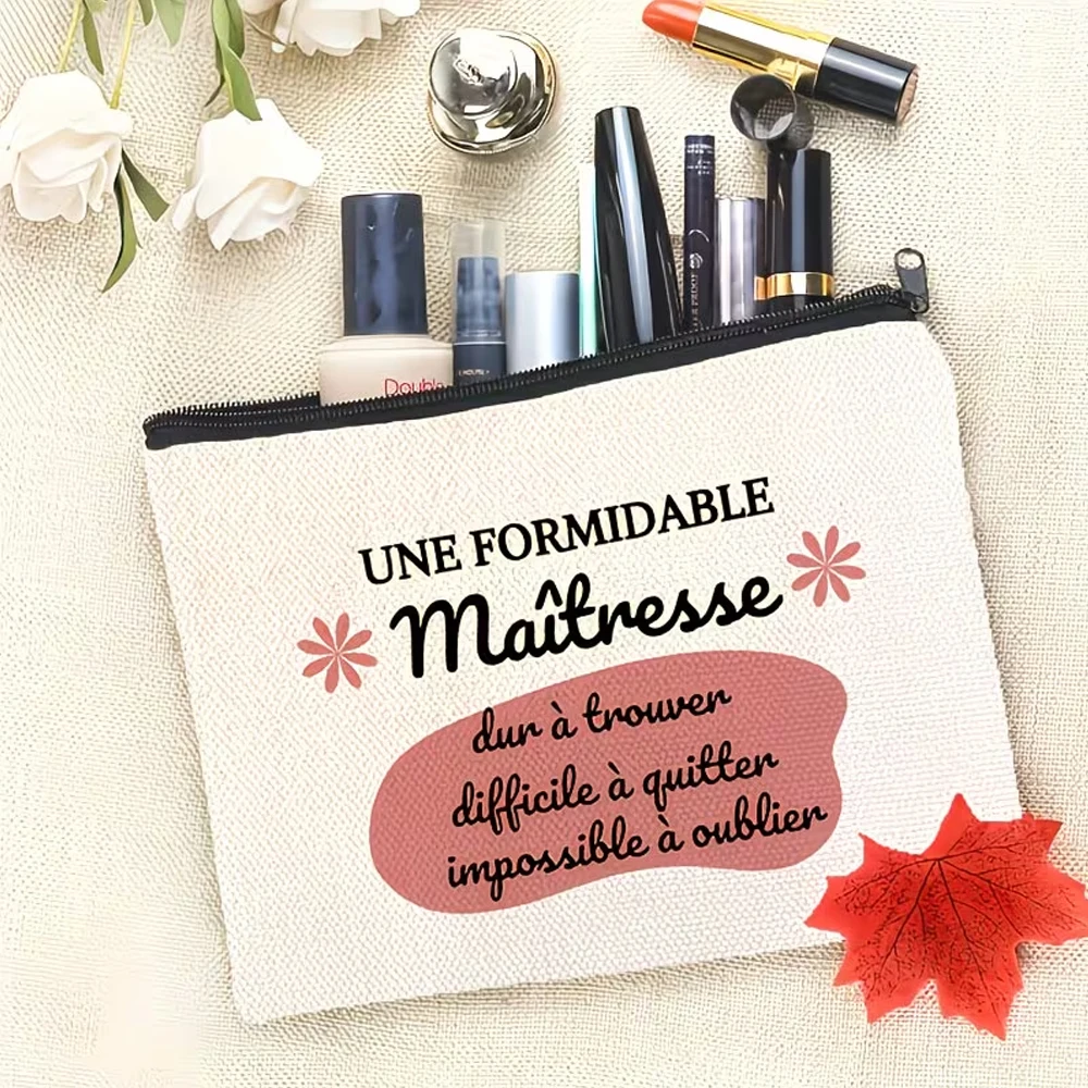 Charming Teacher Appreciation Makeup Bag, Lightweight Foldable Zipper Pouch with French 