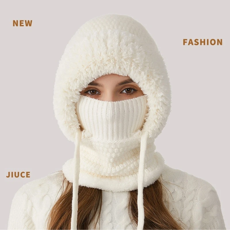 Big Head Fit One-piece Hat Women Winter Padded Thickened Face Covering Knitted Hat Neck Mask Warm Large Size Soft