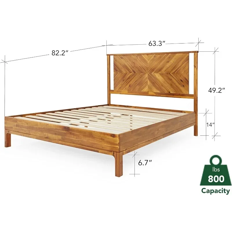 Vivian 14 Inch Deluxe Bed Frame with Headboard, Rustic & Scandinavian Style with Solid Acacia Wood, No Box Spring Needed.