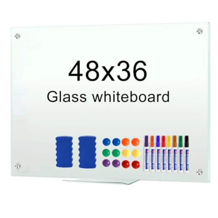 

Dry Erase White Board 48"x36" Glass Magnetic Whiteboard for Wall Includes 12 Magnets 8 Markers and 2 Erasers
