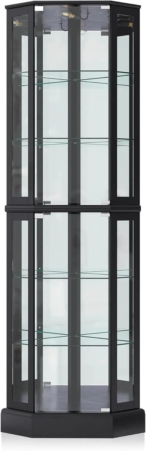 Mobile curio illuminato a 3 lati, ante e ripiani in vetro temperato, vetrina in legno di frassino nero con lampadina