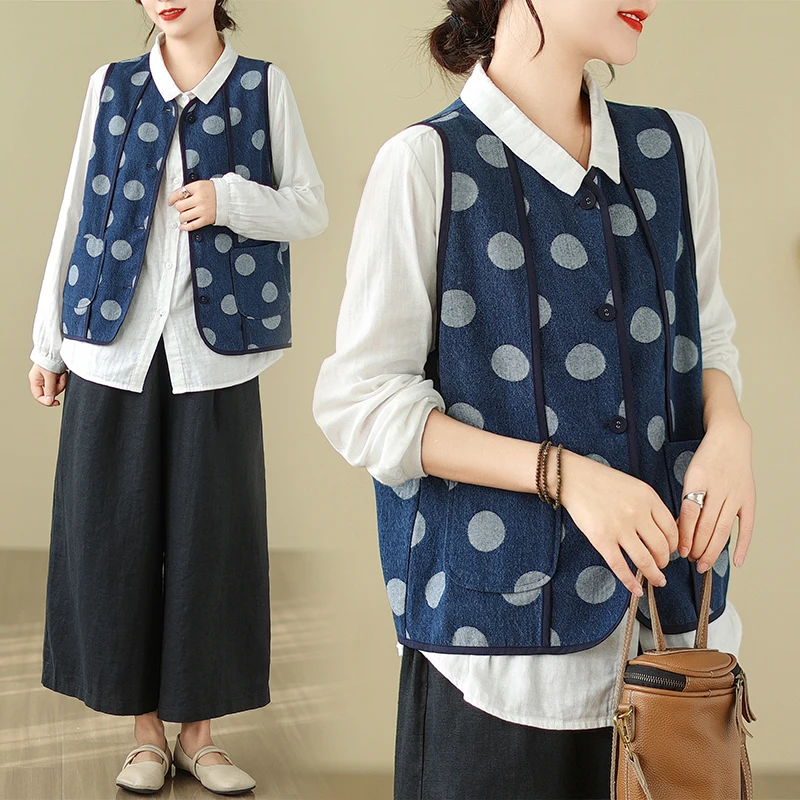 

Круглый тонкий хлопковый джинсовый жилет в горошек в стиле ретро, свободный азель, весна-осень, женский джинсовый повседневный жилет