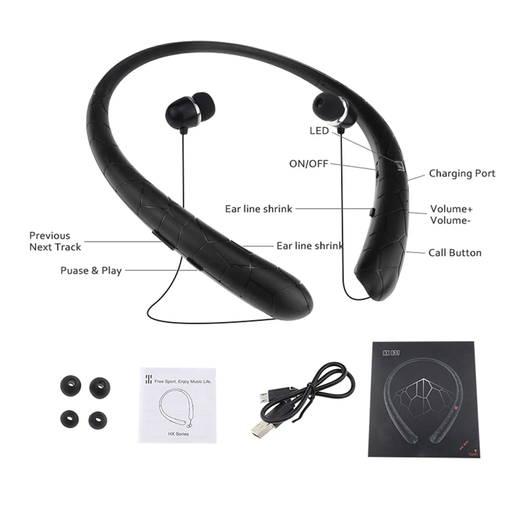 Auriculares con banda para el cuello, cascos deportivos impermeables, compatibles con Bluetooth 5,0, auriculares retráctiles con cancelación de ruido para iPhone, Samsung y LG