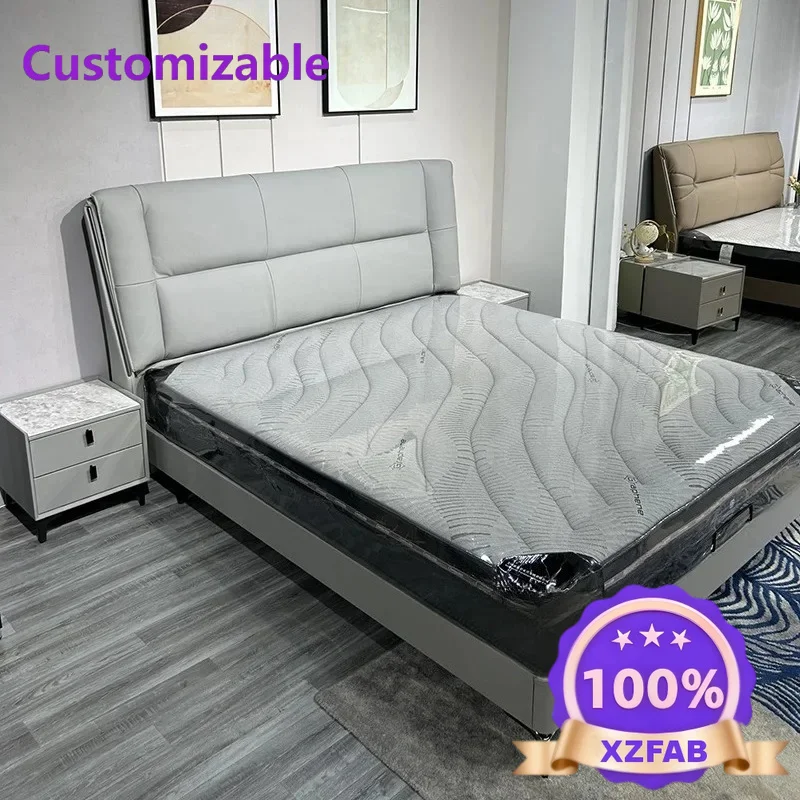 Factory Direct 2026 Brand Italian minimalist light luxury first-layer cowhide leather bed modern minimalist master bedroom soft